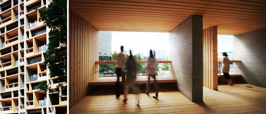 Mokuzai Kaikan. The building uses over 1,000 m3 of wood, the equivalent to 7 ha of forest being moved into the heart of the city, meaning over 600 t of CO2 has been fixed in the city center